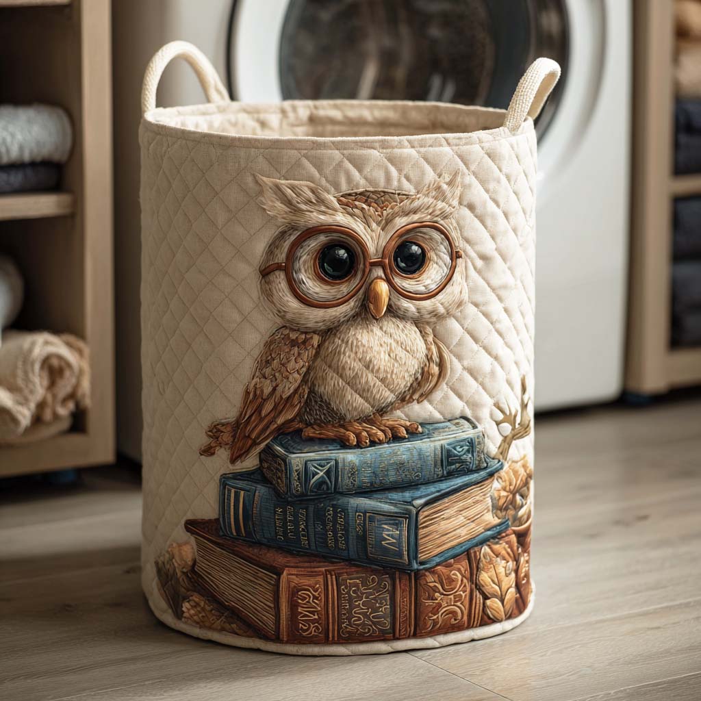 Owl-Printed Upholstered Laundry Basket