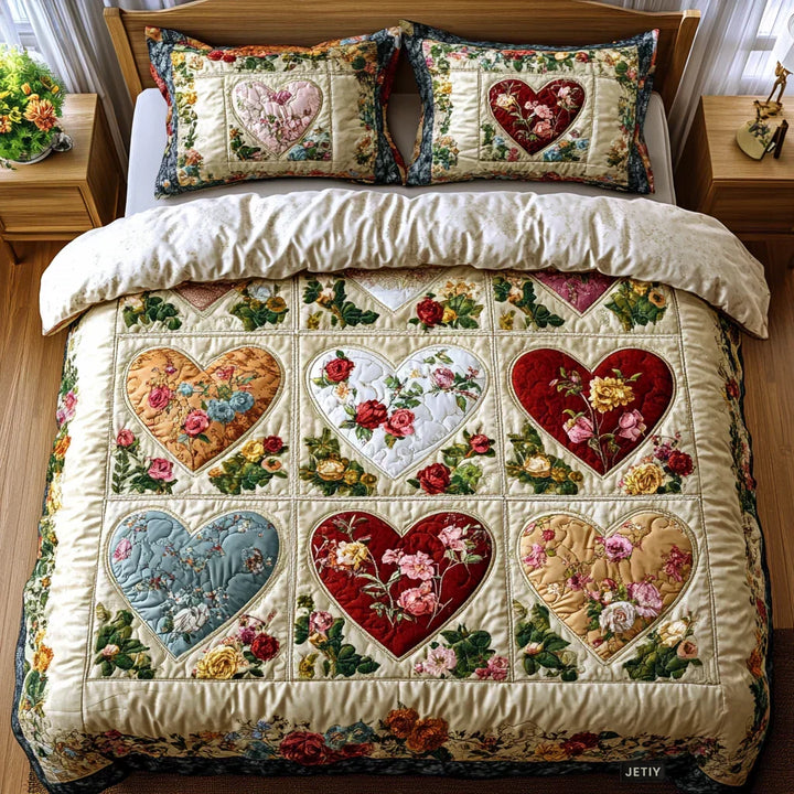 3-Piece Love Hearts Quilted Bedding Set