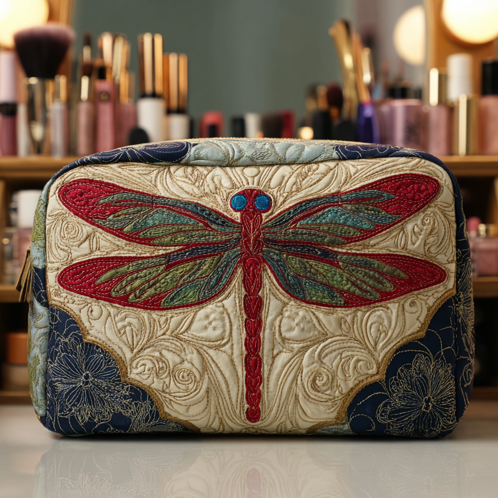 Yara - Elegant Quilted Toiletry Bag with Dragonfly Design