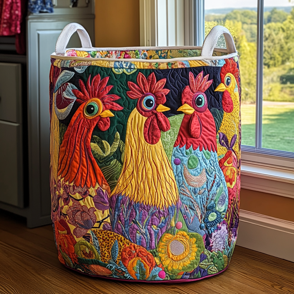 Hen-Patterned Quilted Laundry Basket