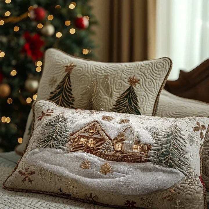 Snowy Hut Quilted Cushion Cover