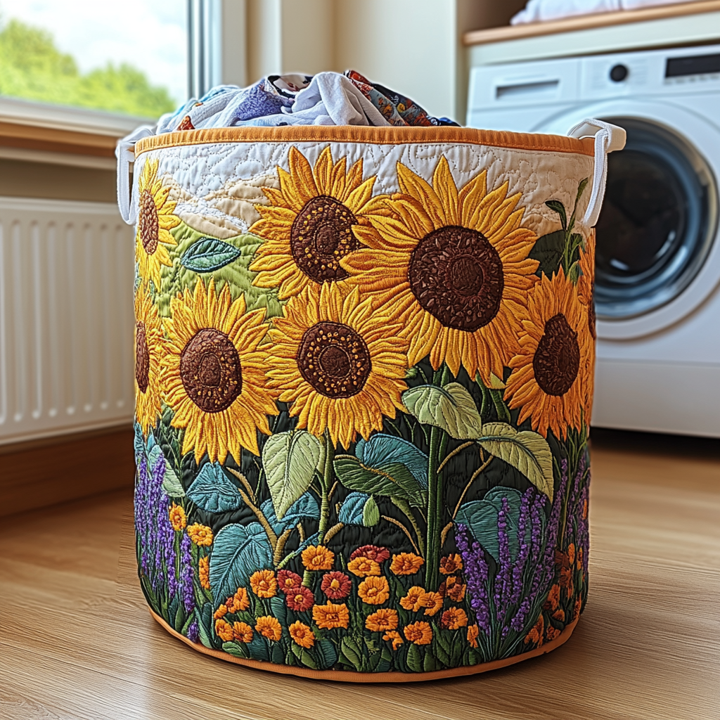 Sunflower-Patterned Upholstered Laundry Basket