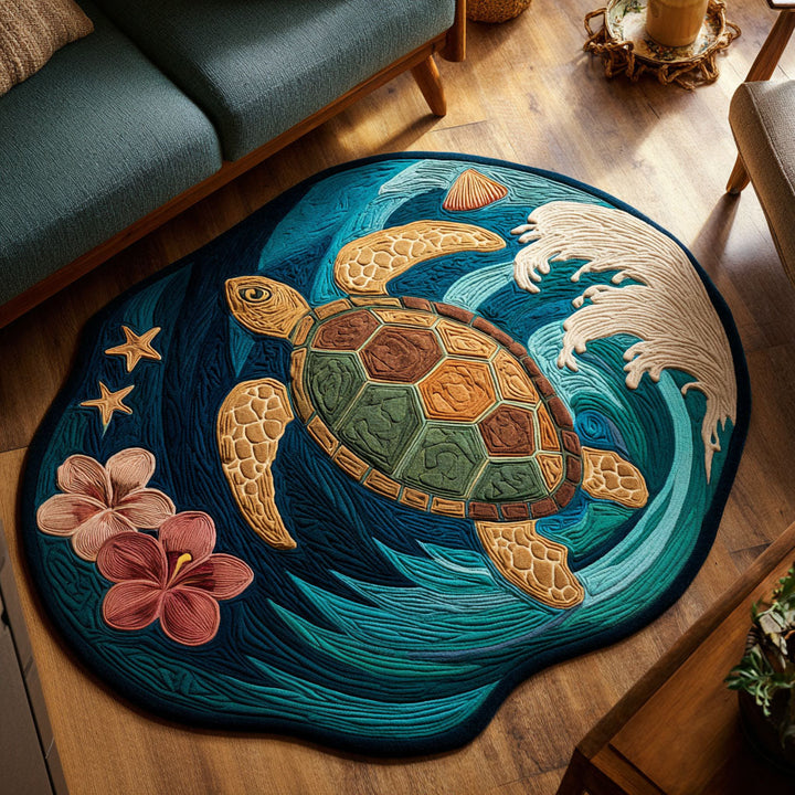 Personalized Turtle-Shaped Decorative Area Rug - Tropical Sea Design