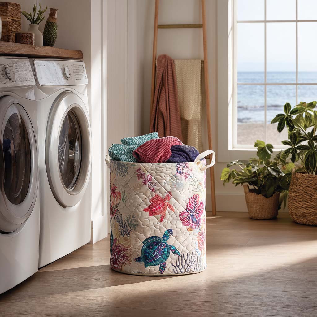 Sea Turtle Design Upholstered Laundry Basket