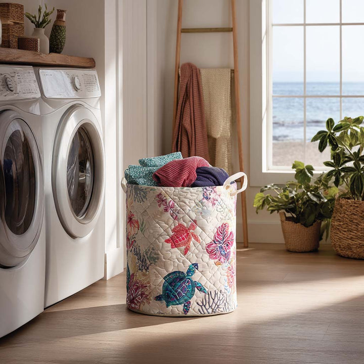 Sea Turtle Design Upholstered Laundry Basket