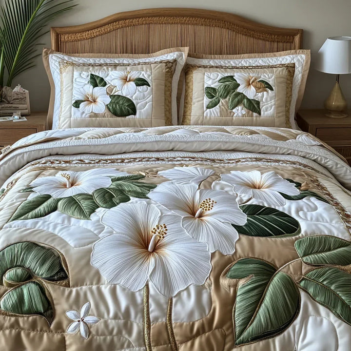 3-Piece Hibiscus White Mattress Blanket Set