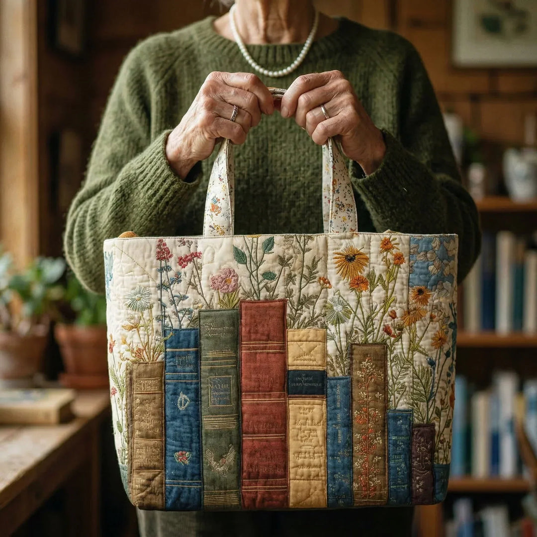 Artisan Quilted Tote - Floral & Literary Design