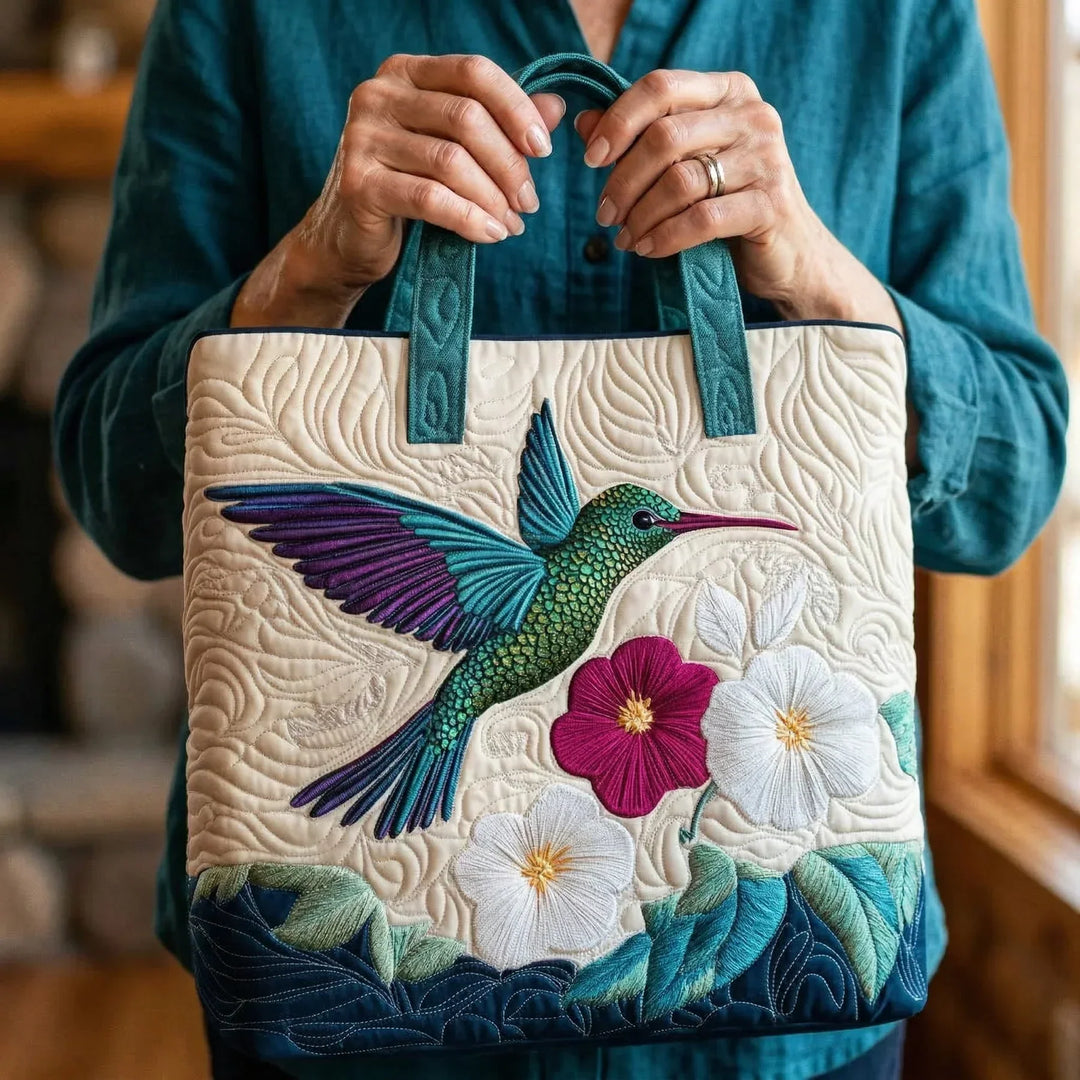 Quilted Tote Bag featuring Hummingbird and White Floral Design