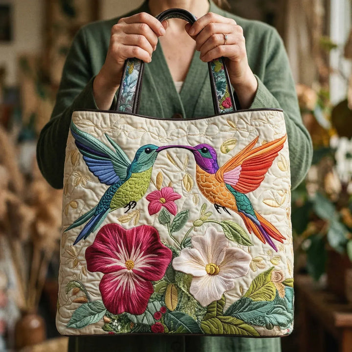 Hummingbird & White Floral Lined Tote Bag