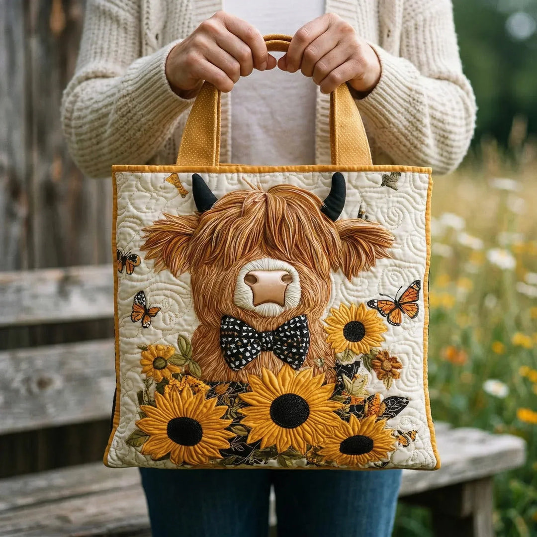 Highland Cow Dressed Bag with Sunflower Design