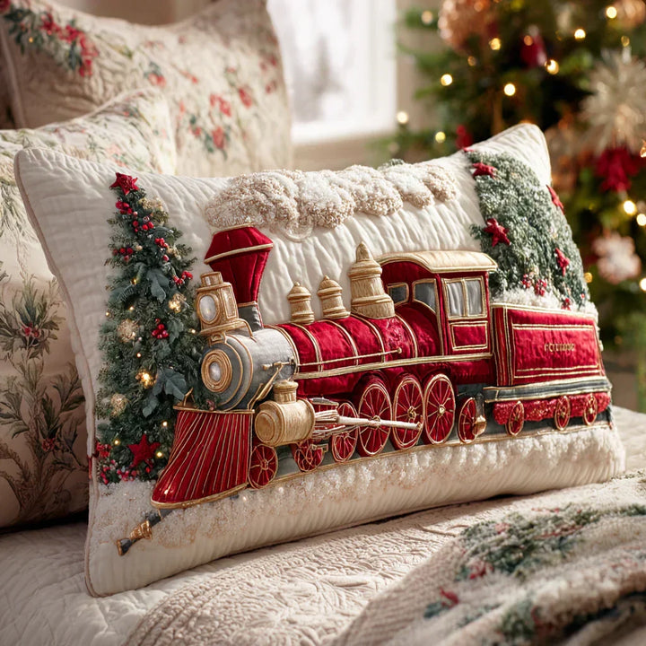 Festive Steam Locomotive Upholstered Pillow Cover